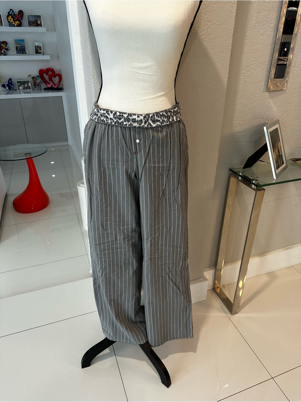 aerie Gray Pinstripe Wide-Leg Lounge Pants with Leopard Waistband